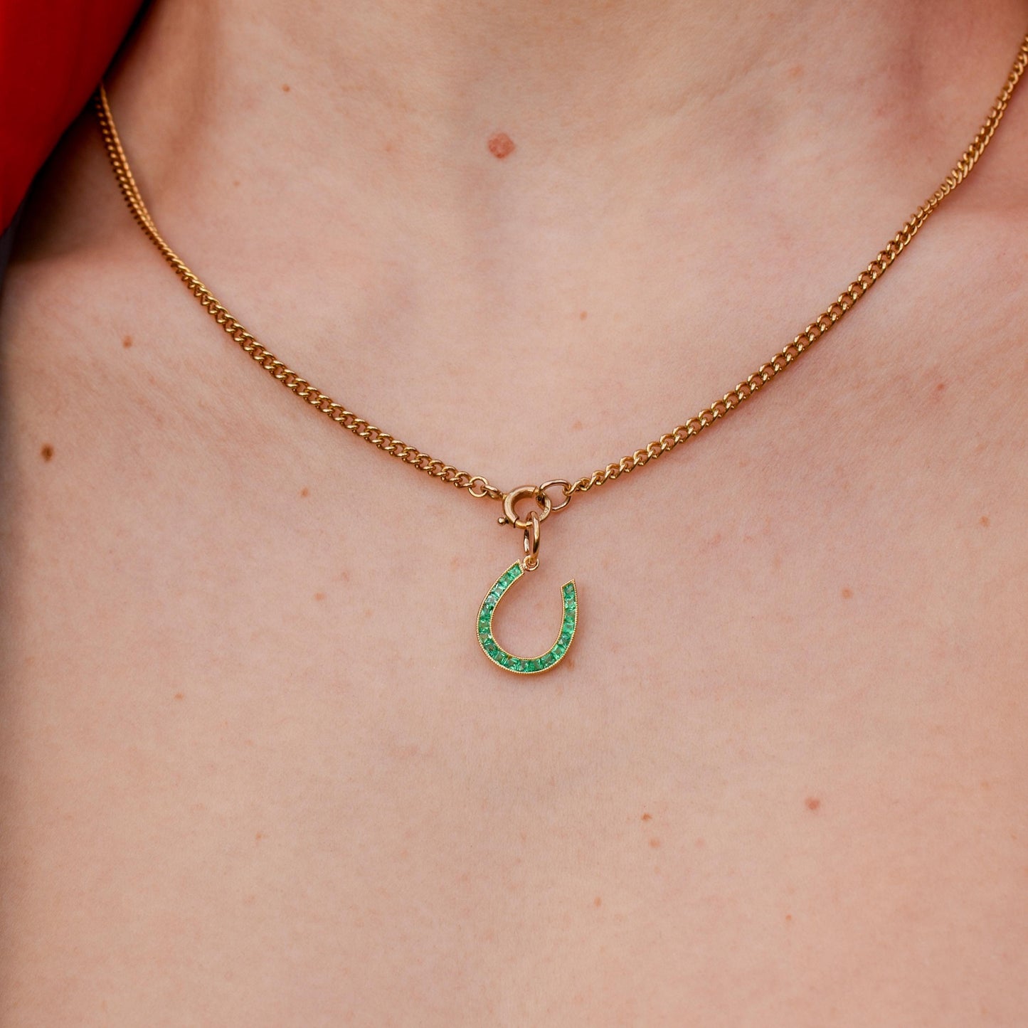 0.35ct French Cut Emerald Horseshoe 18ct Gold Charm Pendant