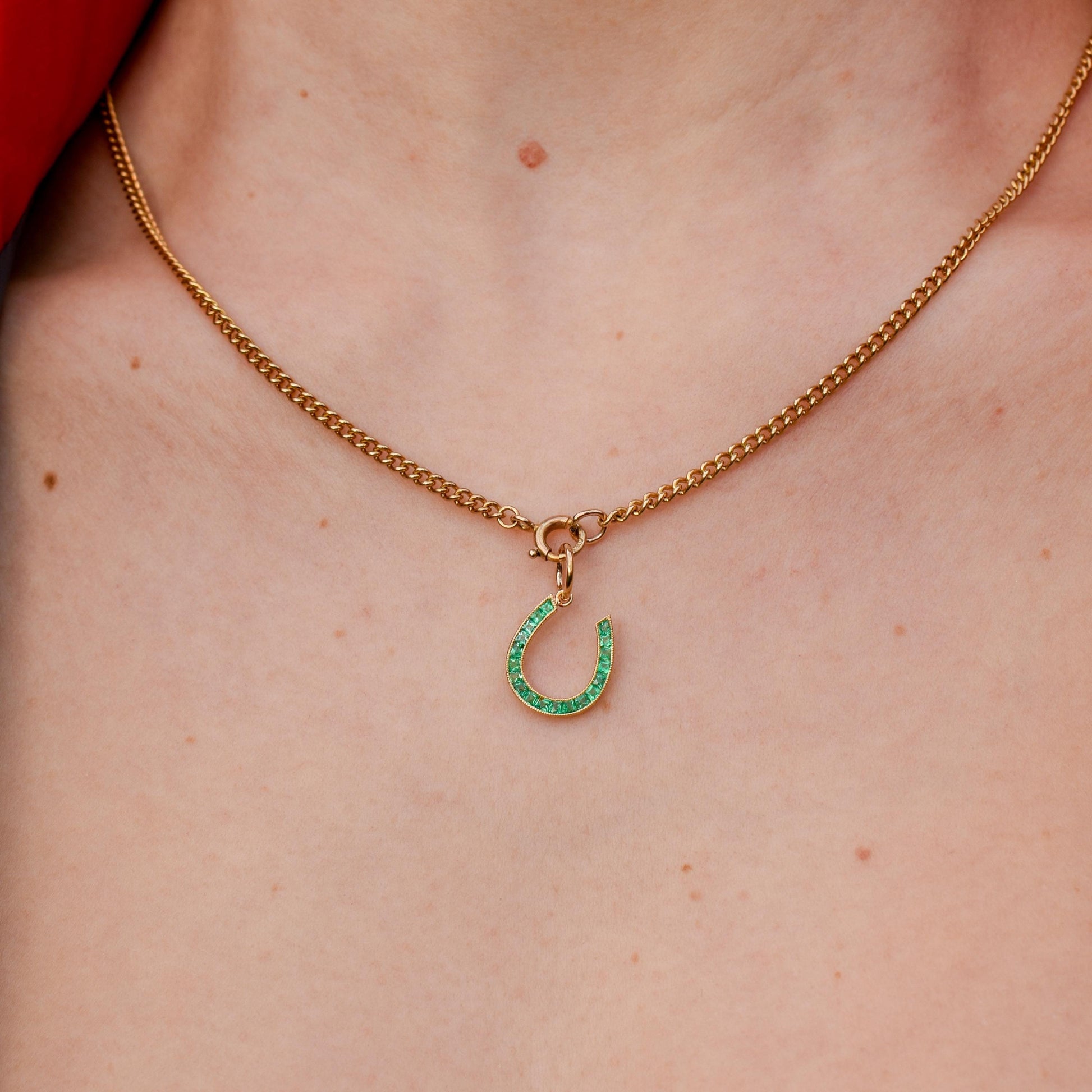 0.35ct French Cut Emerald Horseshoe 18ct Gold Charm Pendant