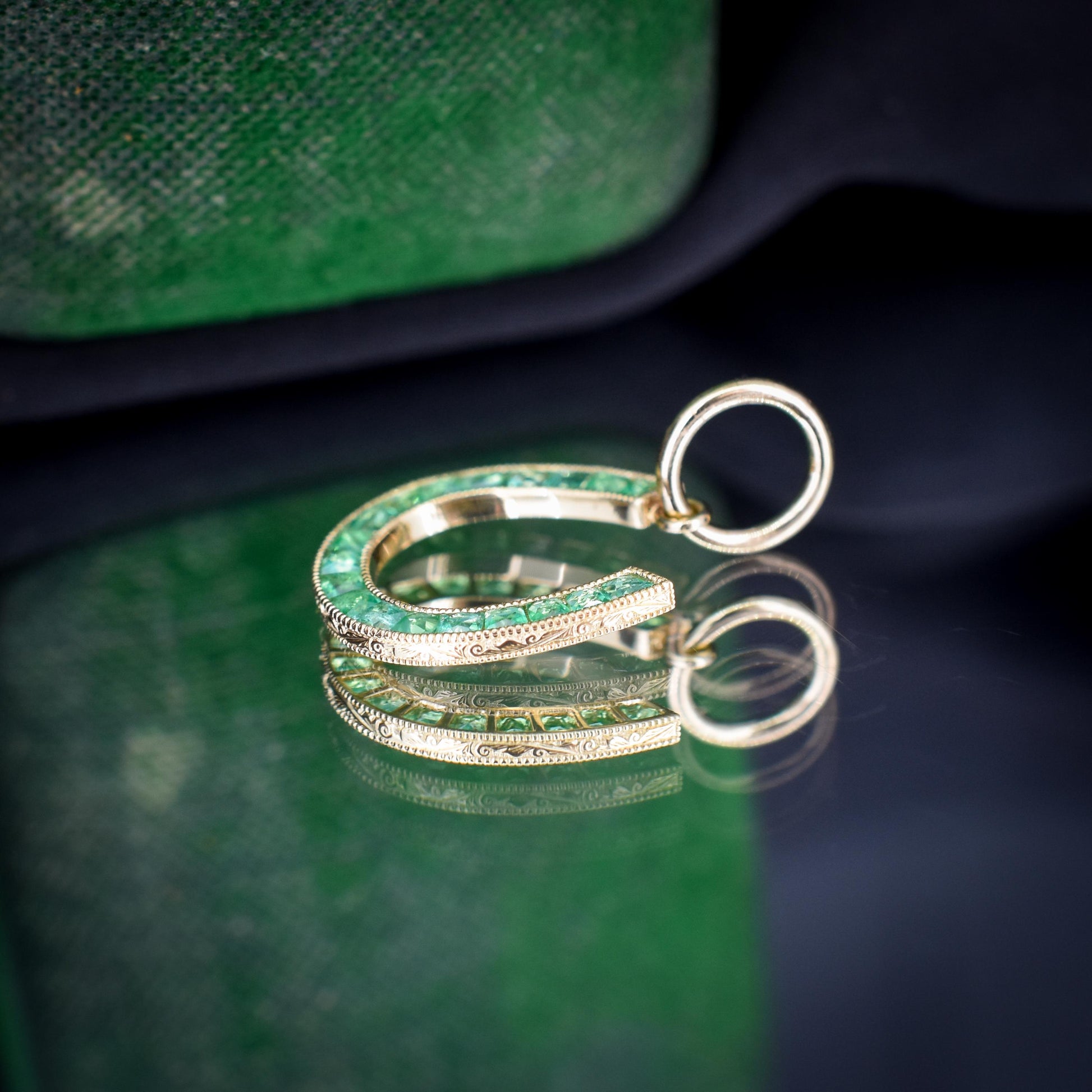 0.35ct French Cut Emerald Horseshoe 18ct Gold Charm Pendant