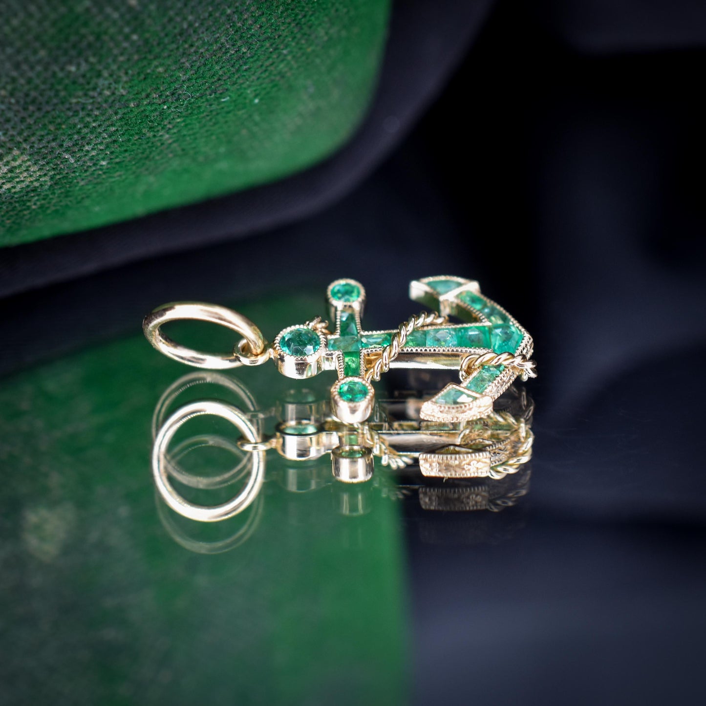 0.35ct Emerald Anchor Rope Nautical 18ct Yellow Gold Charm Pendant