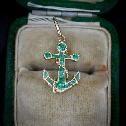 0.35ct Emerald Anchor Rope Nautical 18ct Yellow Gold Charm Pendant
