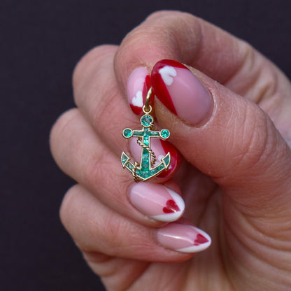 0.35ct Emerald Anchor Rope Nautical 18ct Yellow Gold Charm Pendant