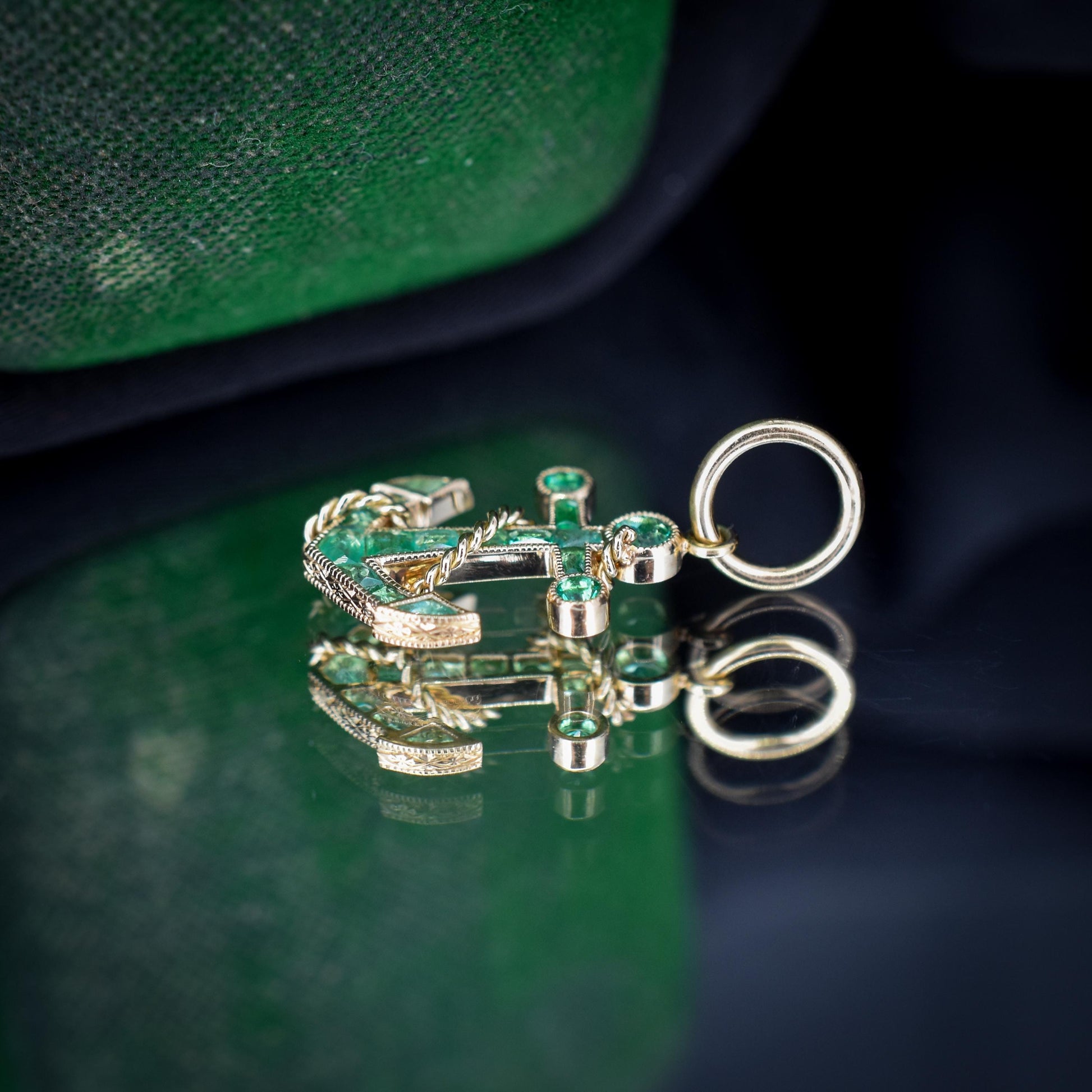 0.35ct Emerald Anchor Rope Nautical 18ct Yellow Gold Charm Pendant