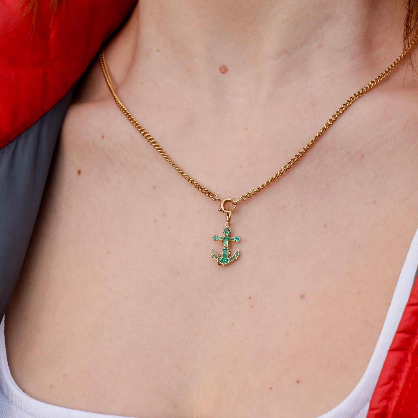 0.35ct Emerald Anchor Rope Nautical 18ct Yellow Gold Charm Pendant