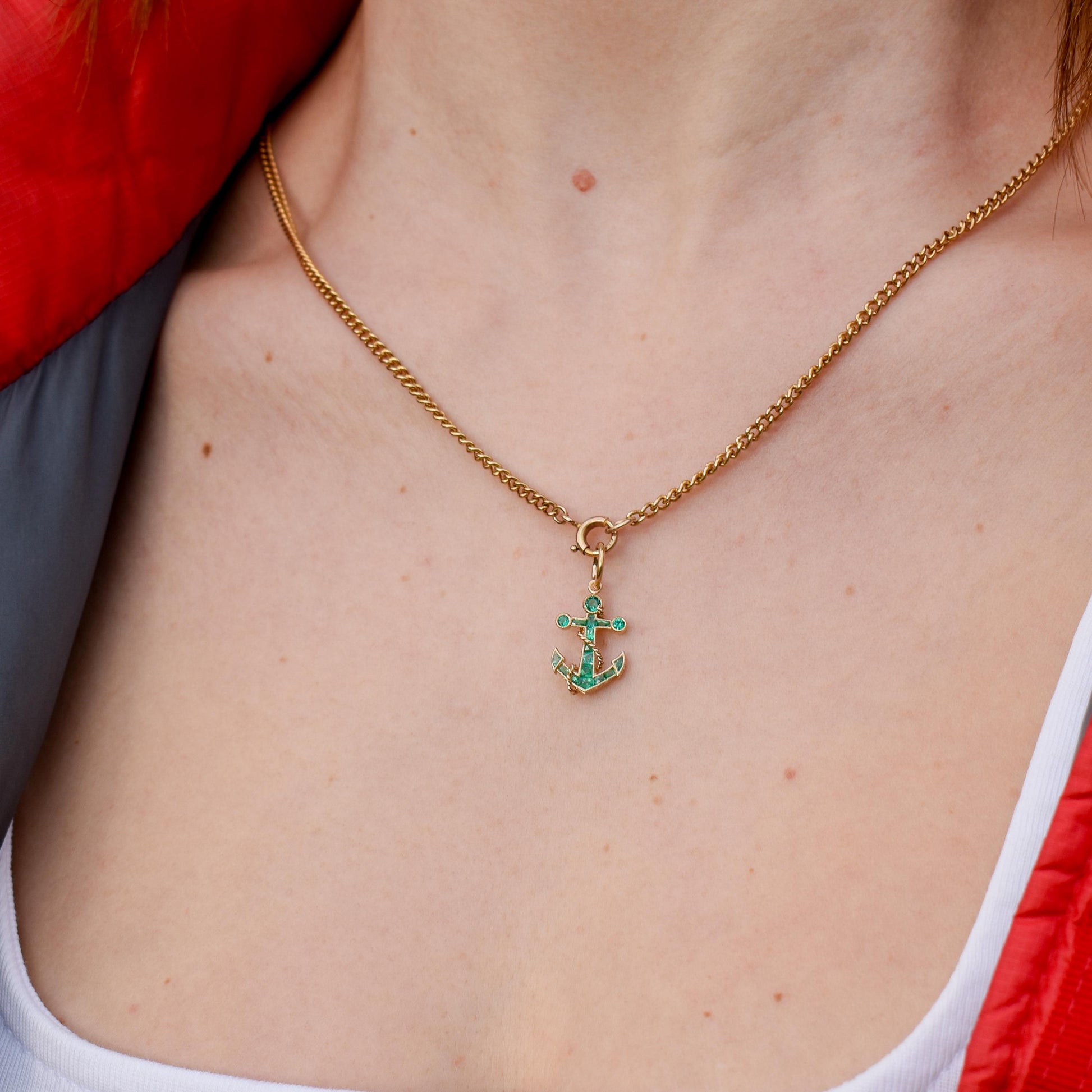 0.35ct Emerald Anchor Rope Nautical 18ct Yellow Gold Charm Pendant