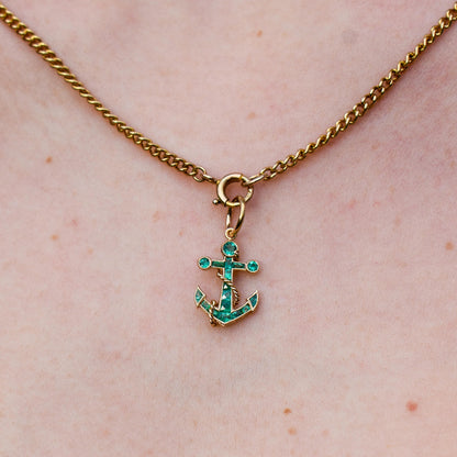 0.35ct Emerald Anchor Rope Nautical 18ct Yellow Gold Charm Pendant