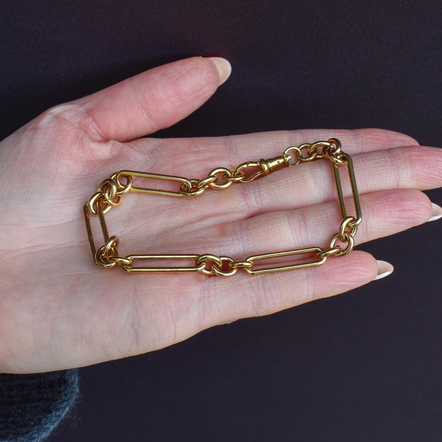 Antique Rolled Gold Trombone Link Bracelet with Dog Clip / Extender | 9"