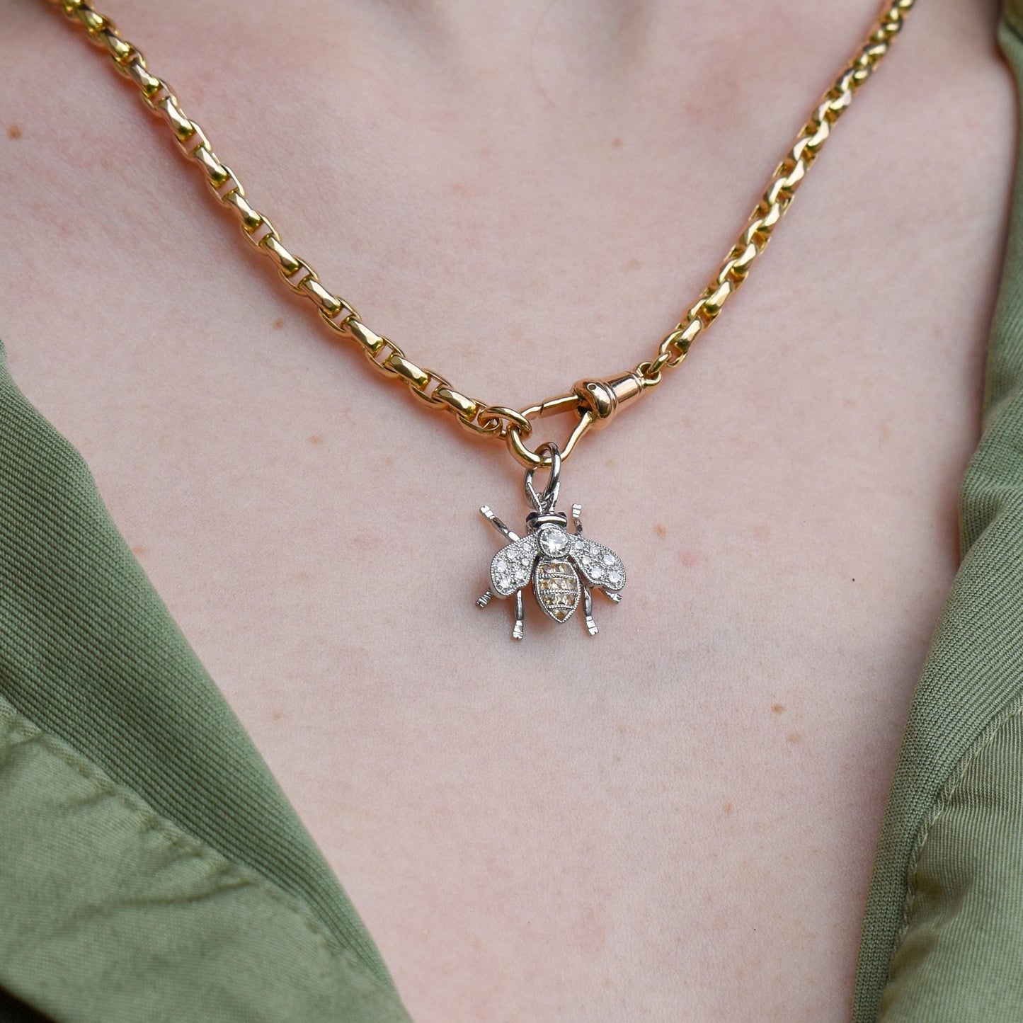 Yellow Sapphire and Diamond Platinum Insect Bee Pendant