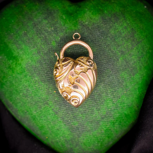 Antique 9ct Gold Large Fancy Engraved Puffy Heart Padlock Pendant