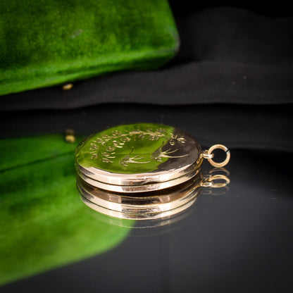 Antique Aesthetic Swallow Bird Floral 9ct Gold Round Locket Pendant | Edwardian