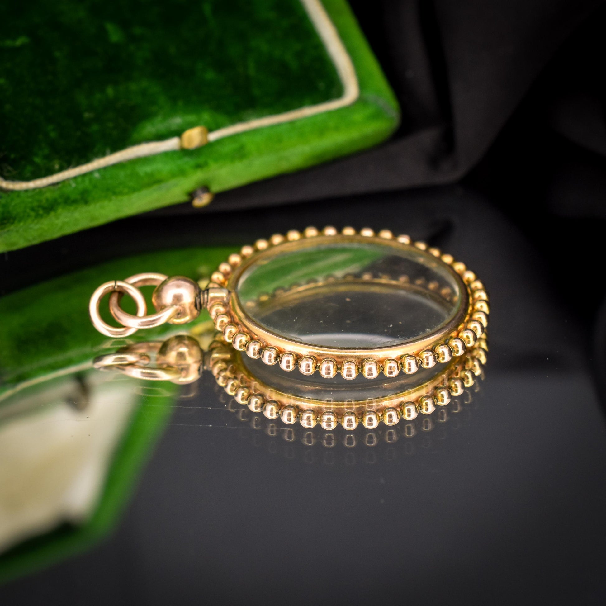 Antique Gold Round Beaded Glass Locket Pendant