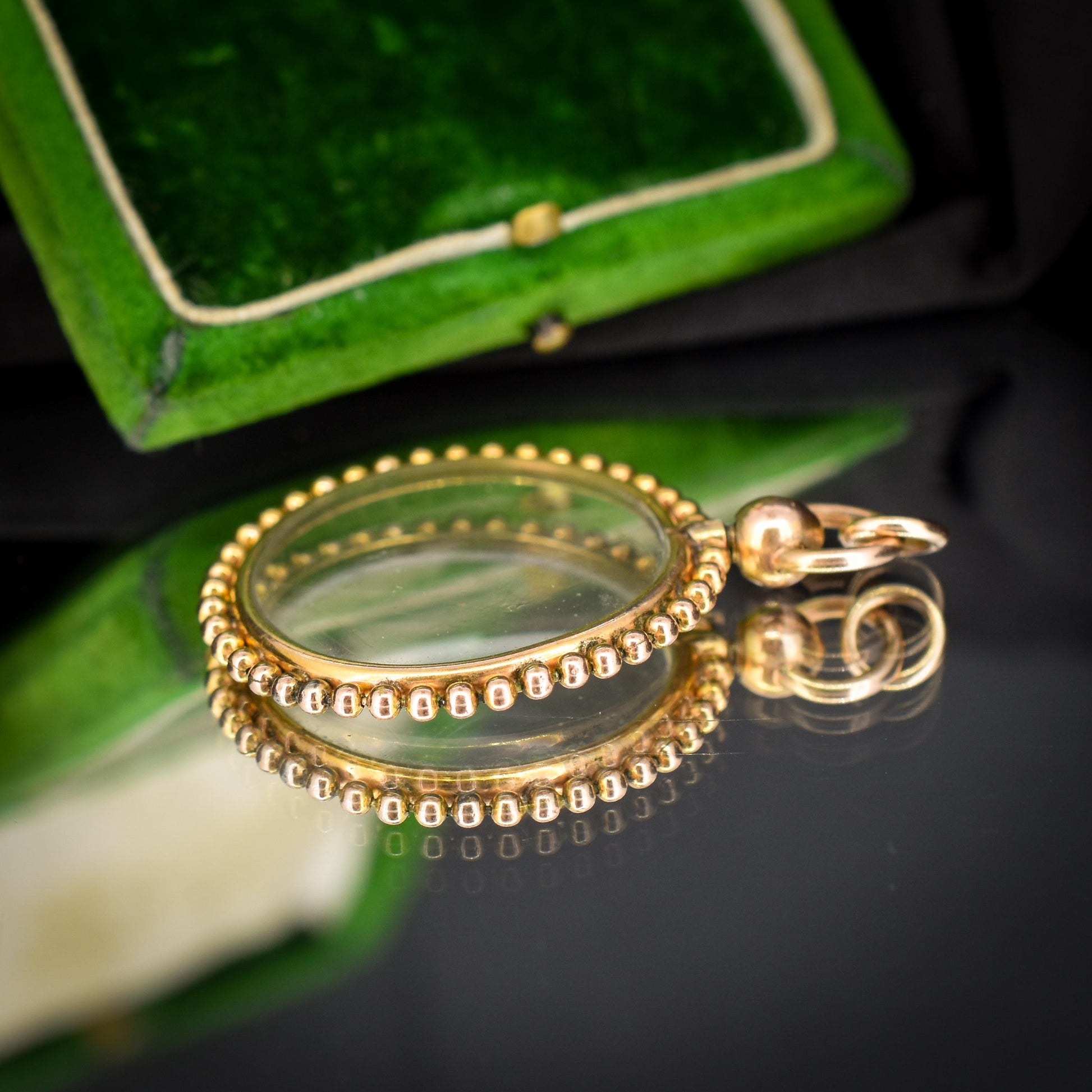 Antique Gold Round Beaded Glass Locket Pendant