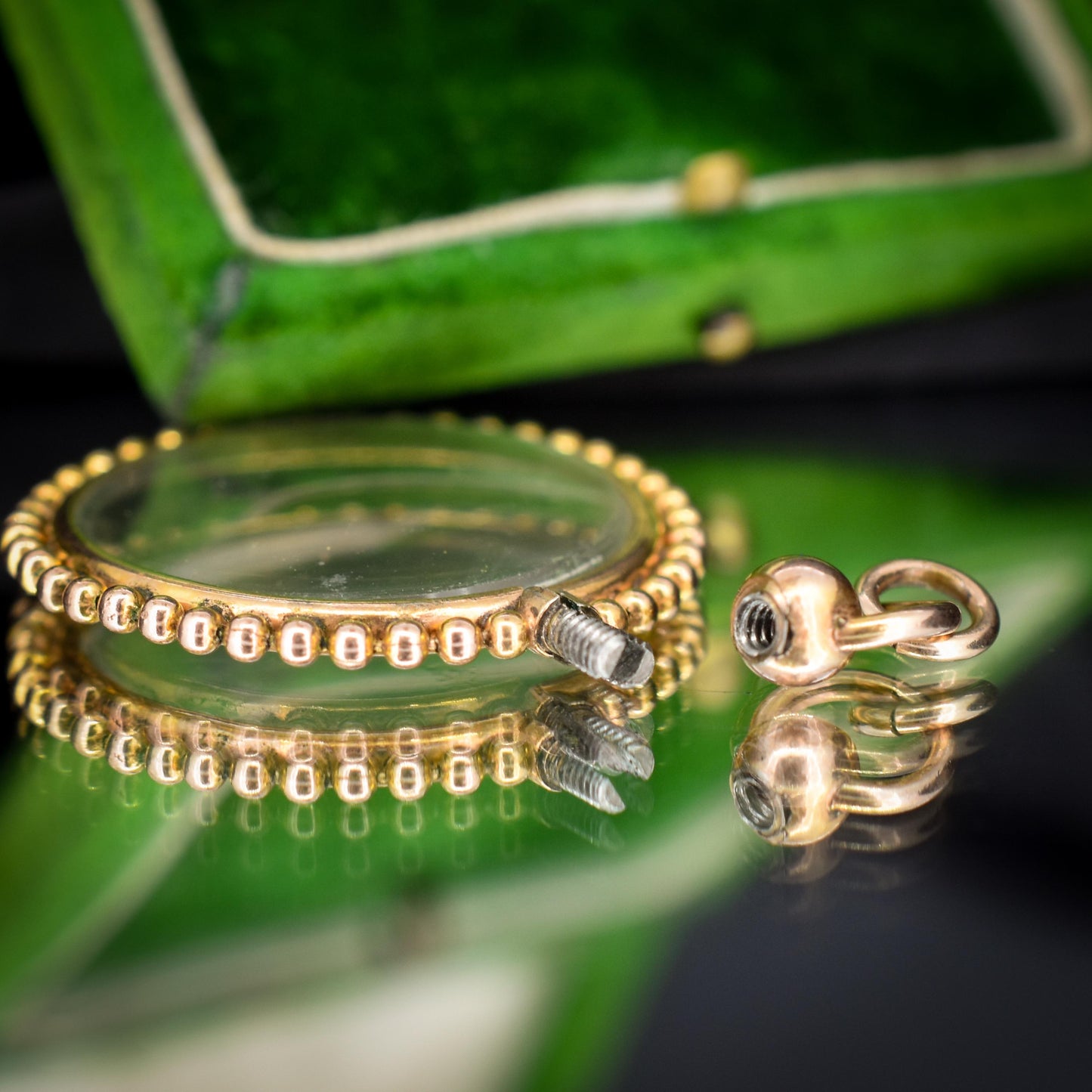 Antique Gold Round Beaded Glass Locket Pendant