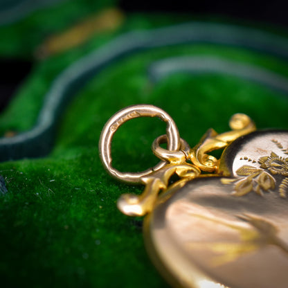 Antique Aesthetic Swallow Bird Floral 9ct Gold Heart Locket Pendant | Dated 1916