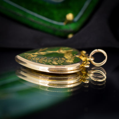 Antique Aesthetic Swallow Bird Floral 9ct Gold Heart Locket Pendant | Dated 1916