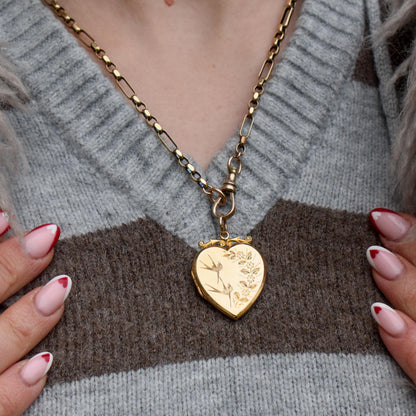 Antique Aesthetic Swallow Bird Floral 9ct Gold Heart Locket Pendant | Dated 1916