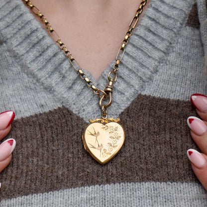 Antique Aesthetic Swallow Bird Floral 9ct Gold Heart Locket Pendant | Dated 1916