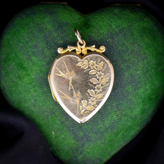 Antique Aesthetic Swallow Bird Floral 9ct Gold Heart Locket Pendant | Dated 1916