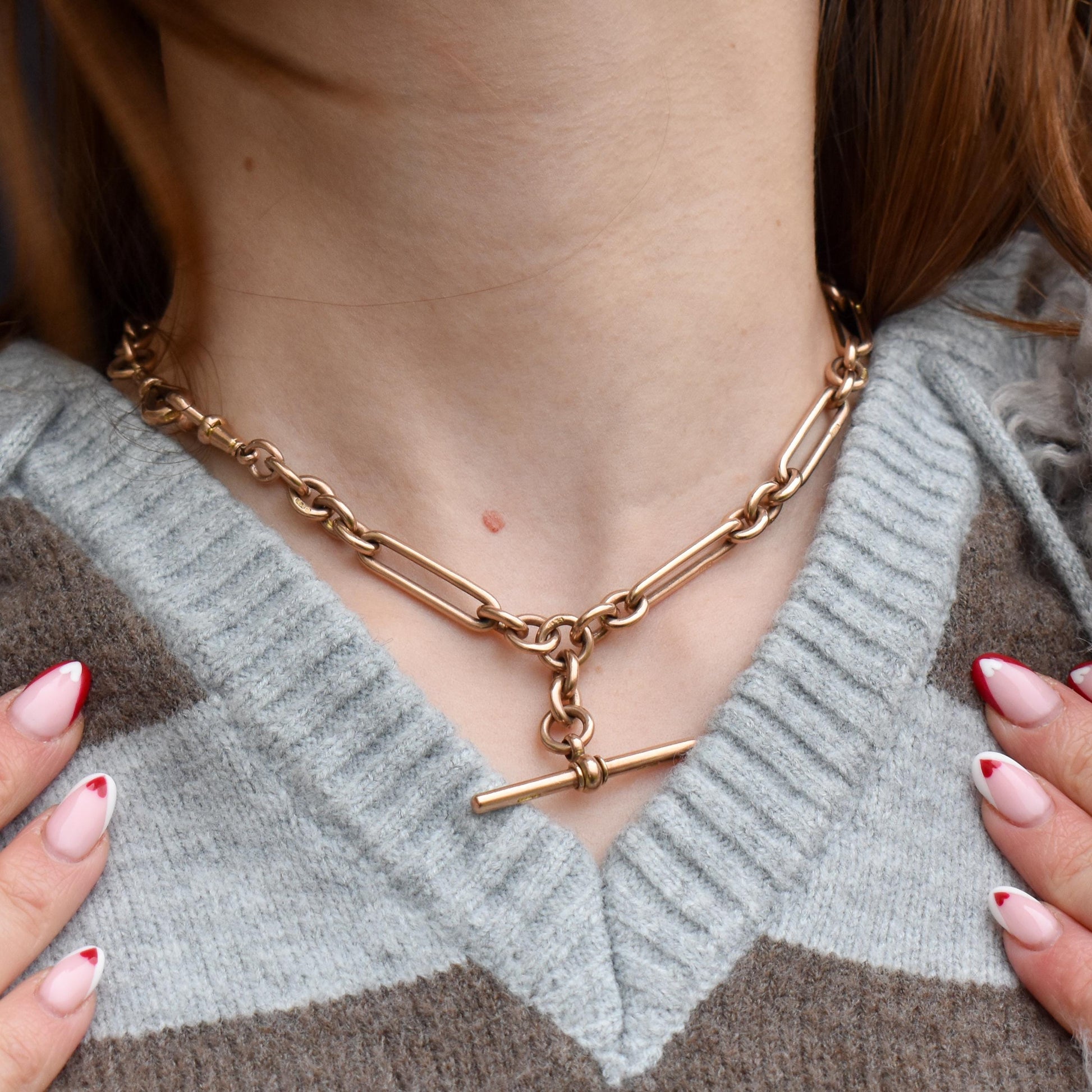 Antique '1895' 9ct Gold Trombone Link Albert Chain with Dog Clips and T-Bar | 15.5" length