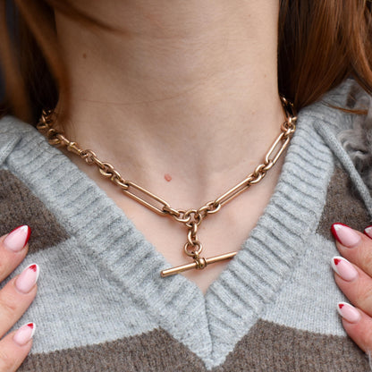 Antique '1895' 9ct Gold Trombone Link Albert Chain with Dog Clips and T-Bar | 15.5" length