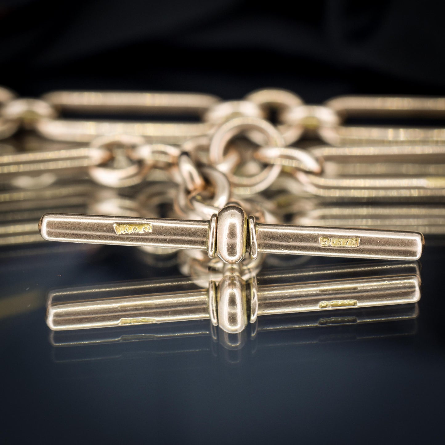 Antique '1895' 9ct Gold Trombone Link Albert Chain with Dog Clips and T-Bar | 15.5" length