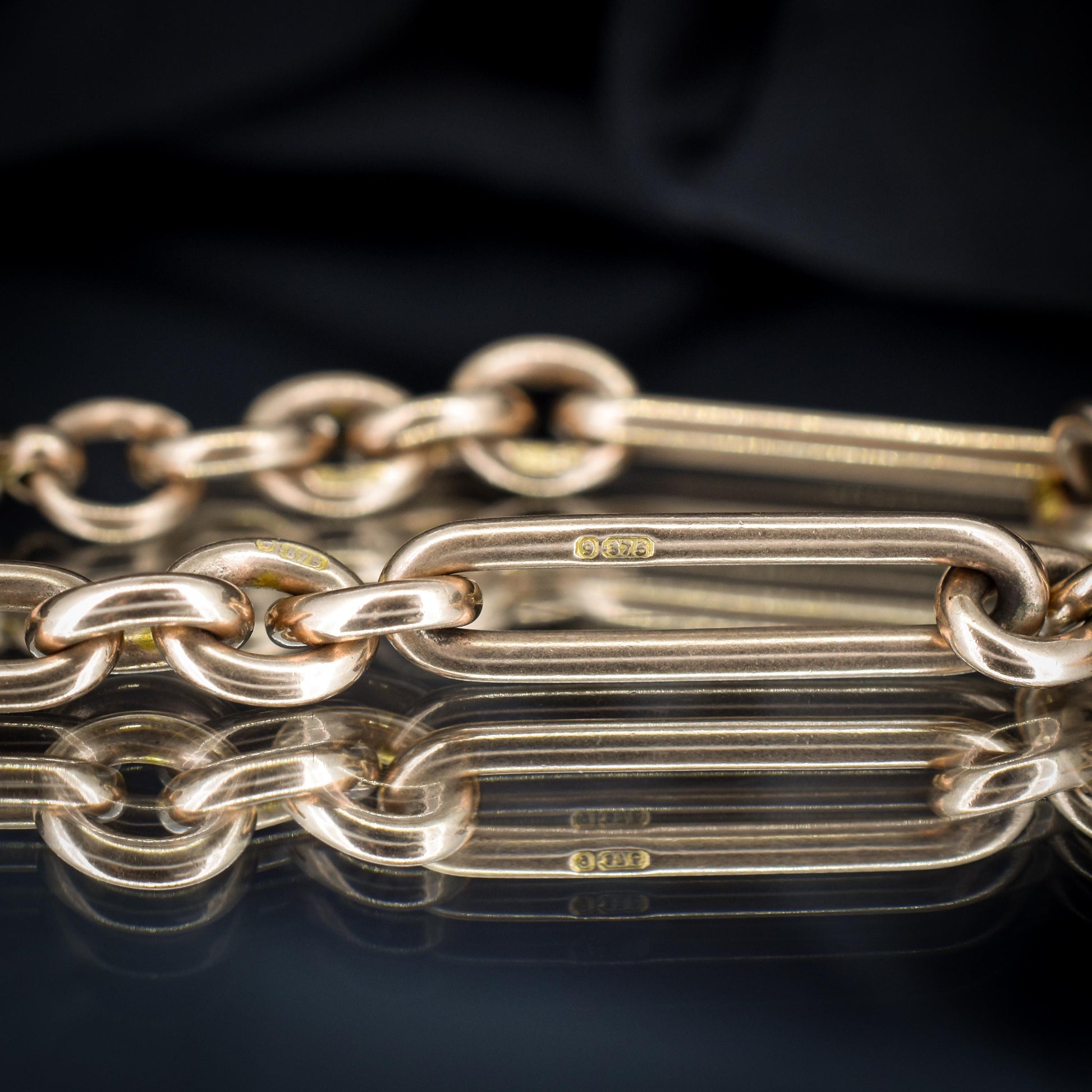 Antique '1895' 9ct Gold Trombone Link Albert Chain with Dog Clips and T-Bar | 15.5" length