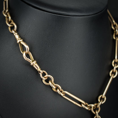 Antique '1895' 9ct Gold Trombone Link Albert Chain with Dog Clips and T-Bar | 15.5" length