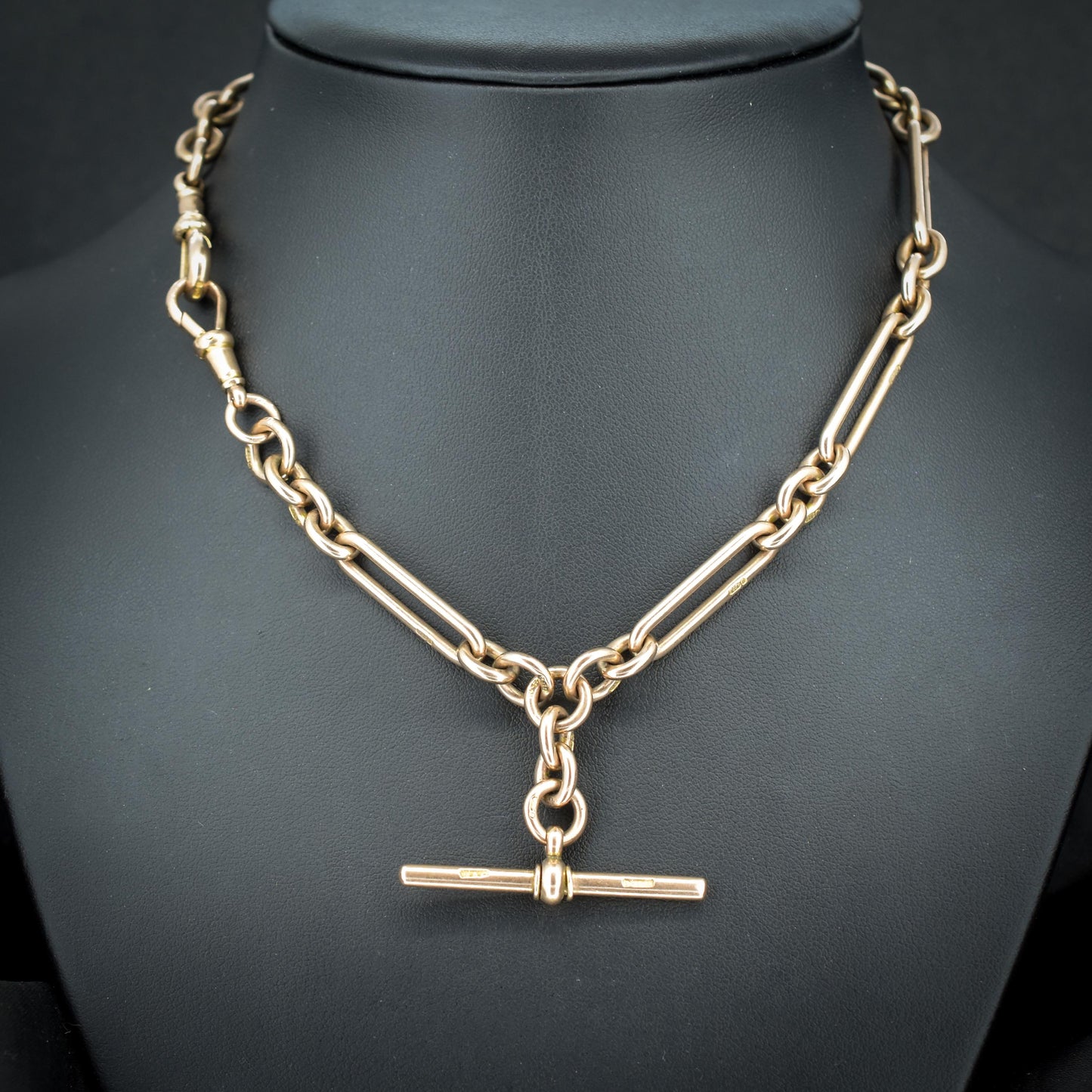 Antique '1895' 9ct Gold Trombone Link Albert Chain with Dog Clips and T-Bar | 15.5" length
