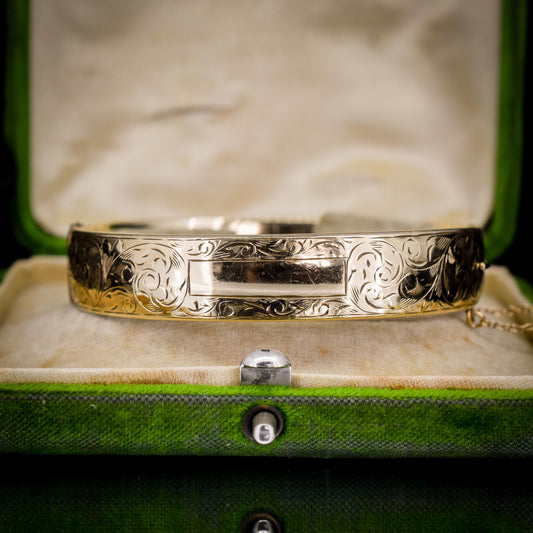 Vintage 9ct Gold Metal Core Floral Engraved Bangle Bracelet