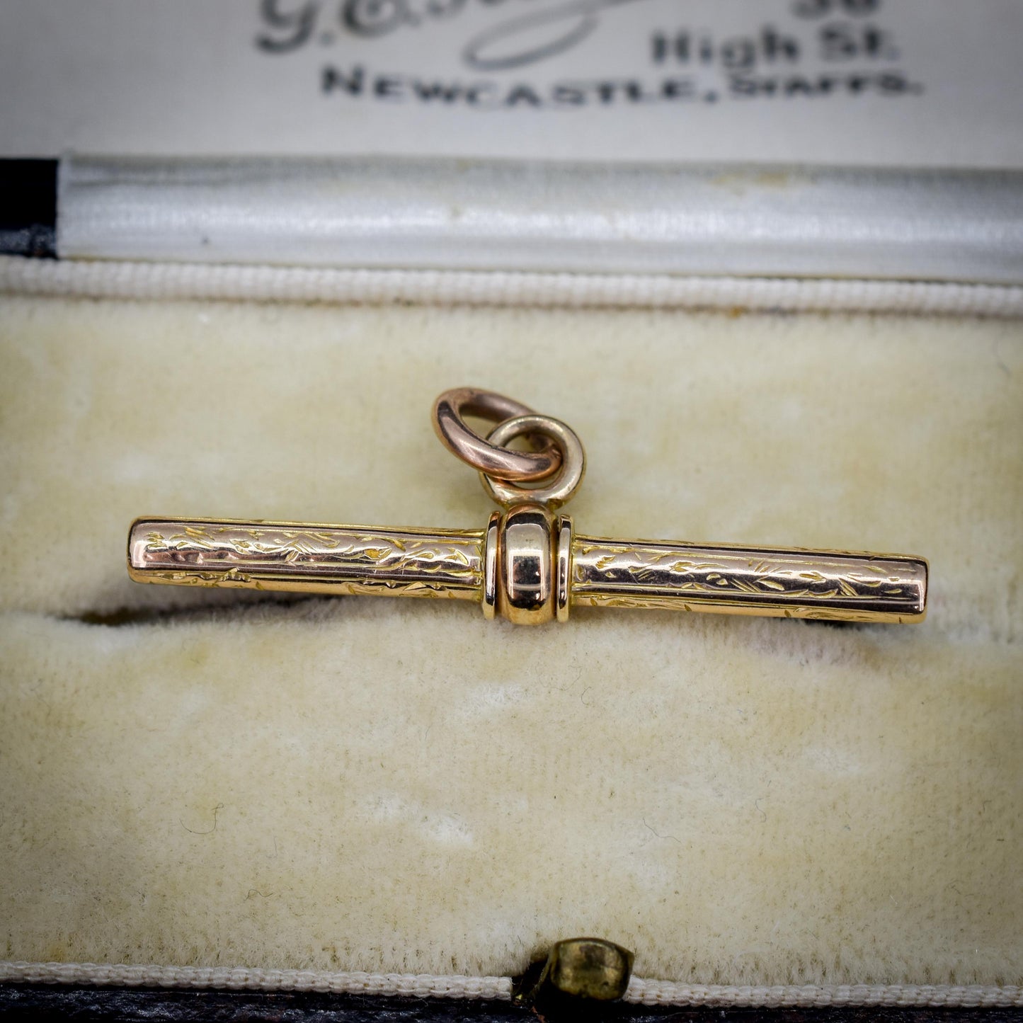 Antique 9ct Gold Engraved Fancy T-Bar Pendant Charm