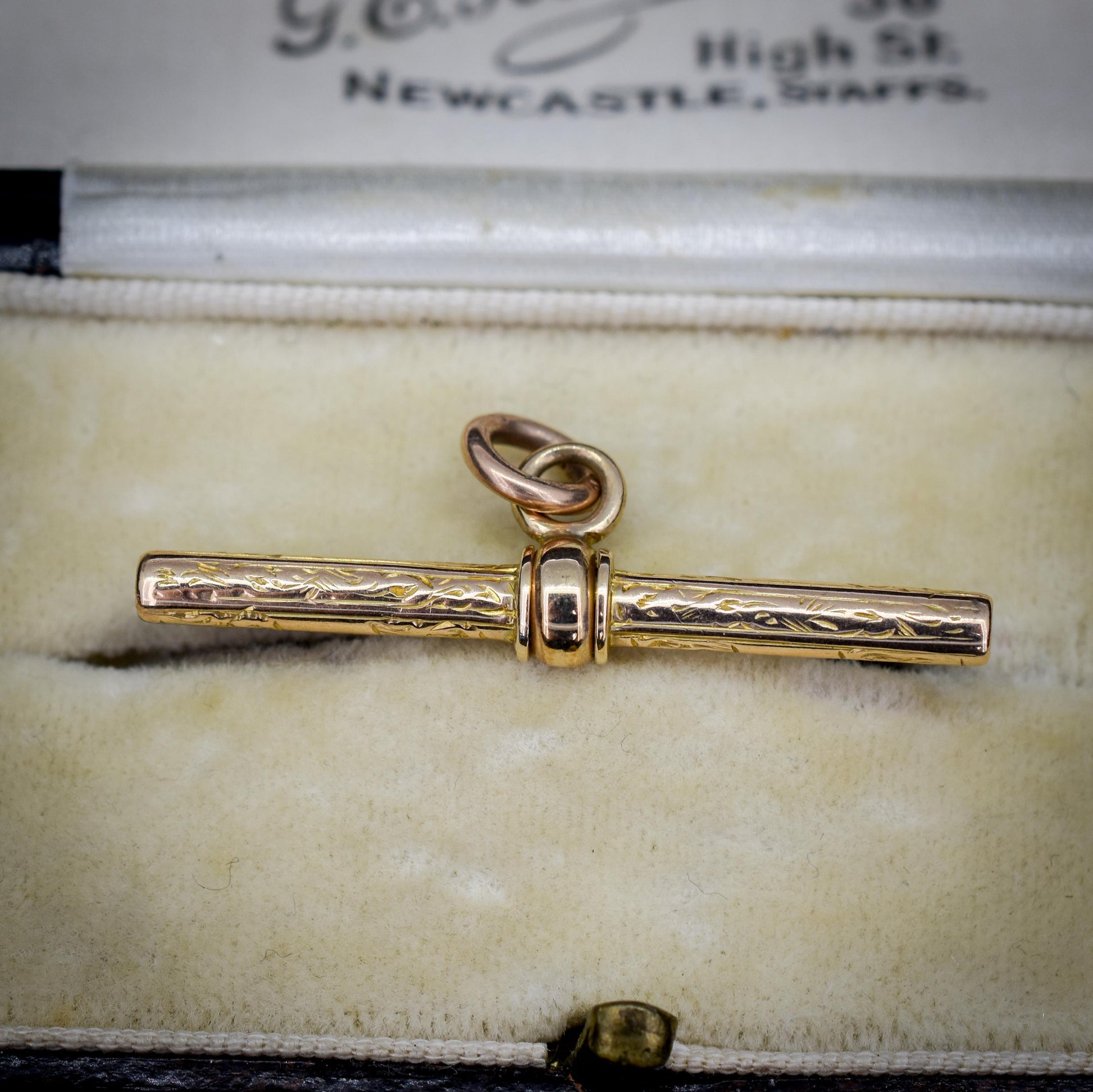 Antique 9ct Gold Engraved Fancy T-Bar Pendant Charm
