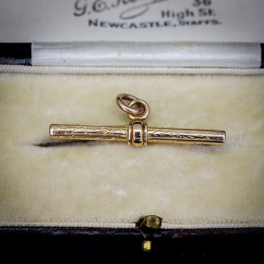 Antique 9ct Gold Engraved Fancy T-Bar Pendant Charm