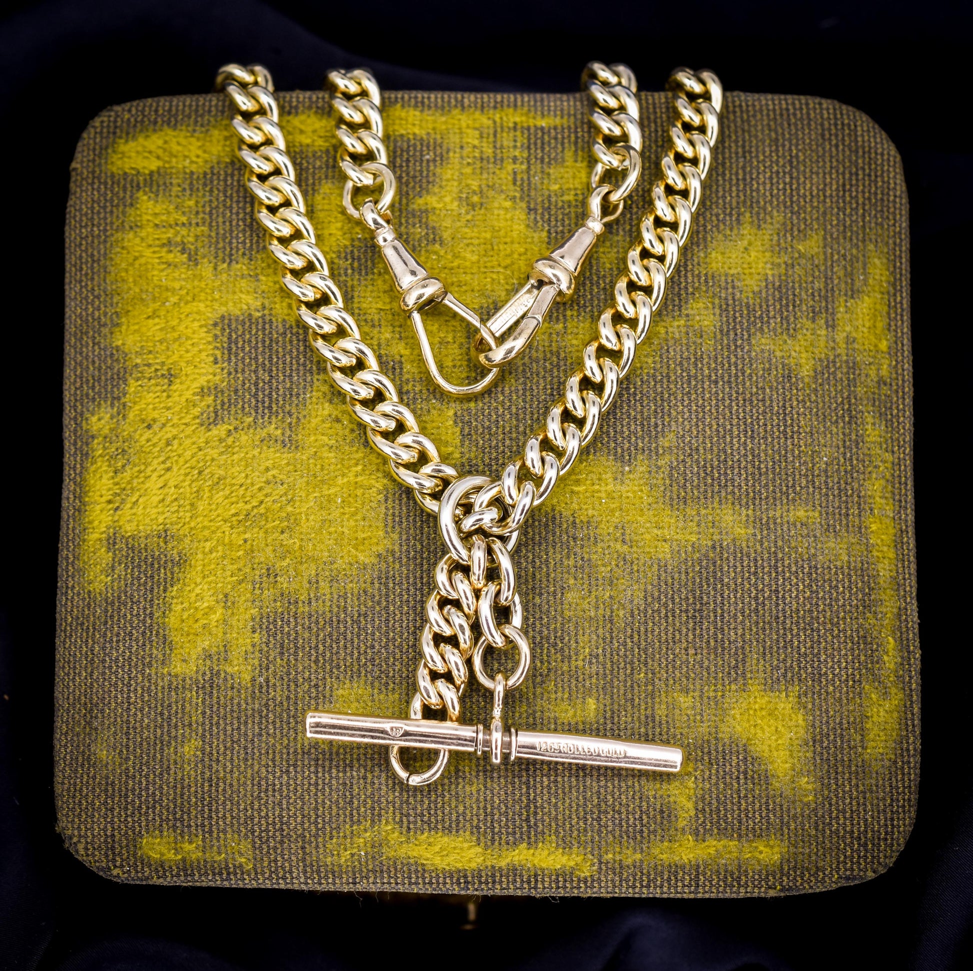 Vintage Rolled Gold Curb Albert Chain with T-Bar Slider and Double Dog Clips - 14.5"