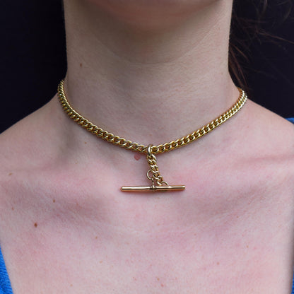 Vintage Rolled Gold Curb Albert Chain with T-Bar Slider and Double Dog Clips - 14.5"