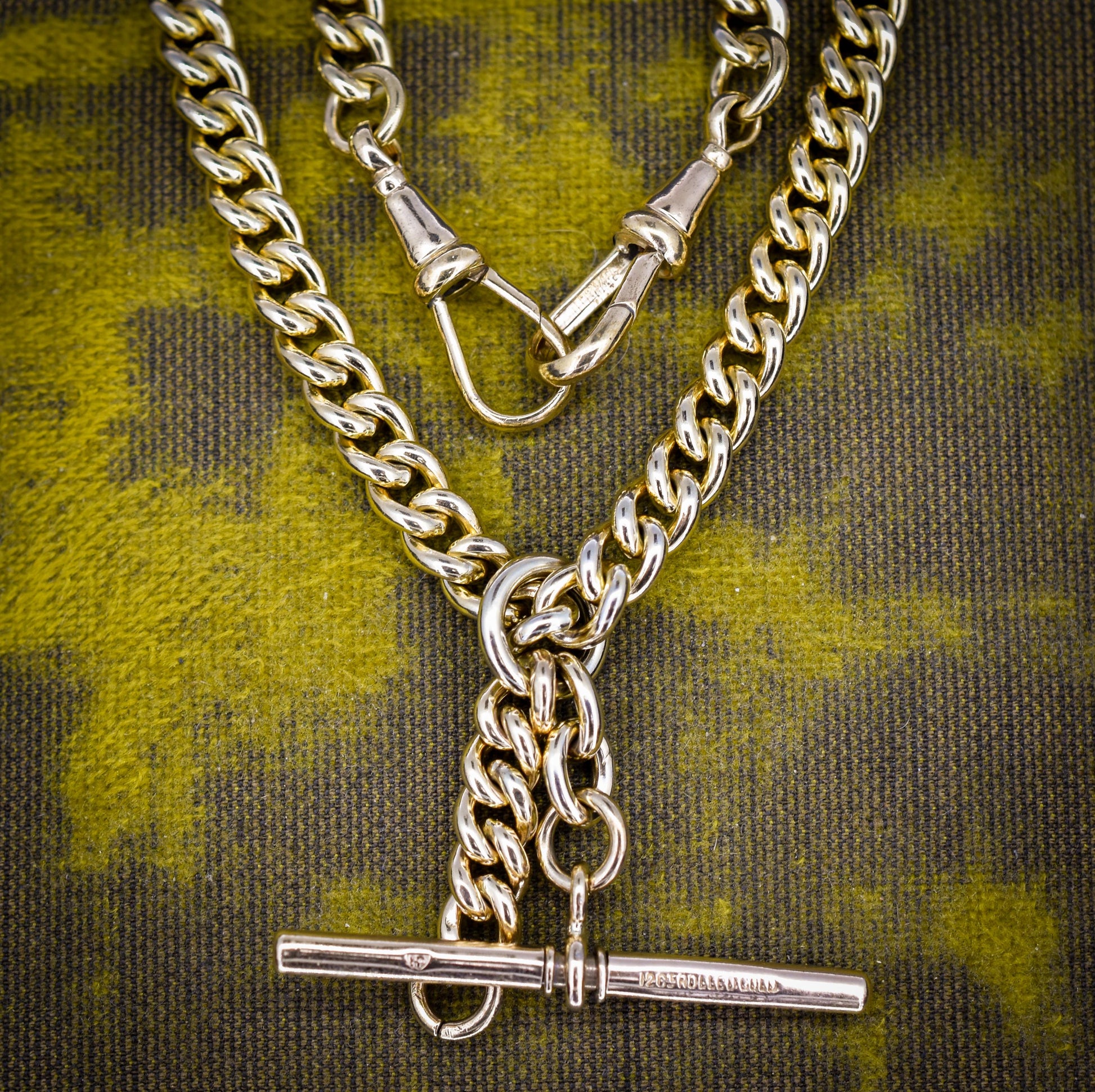 Vintage Rolled Gold Curb Albert Chain with T-Bar Slider and Double Dog Clips - 14.5"