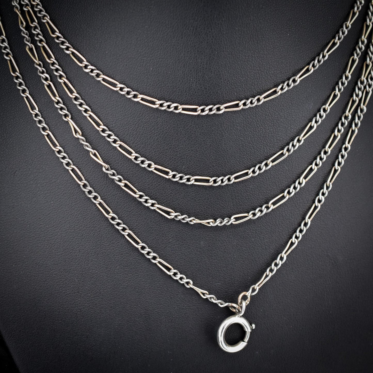 Antique French Niello Silver and Gold Figaro Guard Chain Necklace | 61"