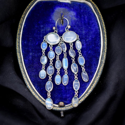 Antique Moonstone Silver Chandelier Drop Earrings