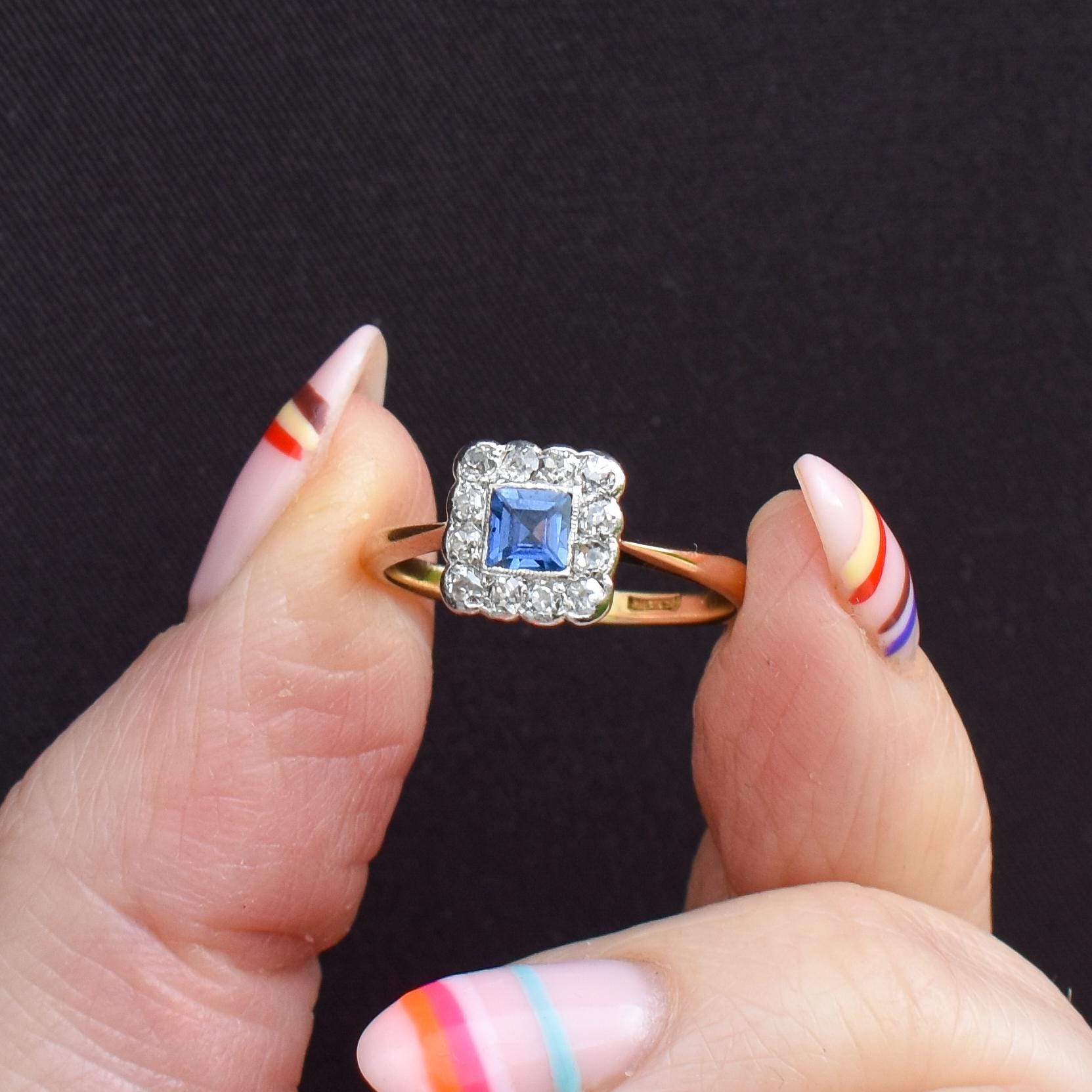 Antique Sapphire and Diamond Cluster 18ct Gold and Platinum Ring