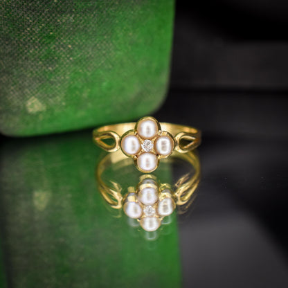 Antique Victorian Pearl and Old Cut Diamond 18ct Gold Ring