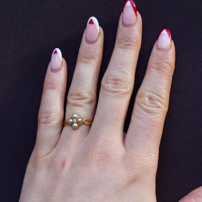 Antique Victorian Pearl and Old Cut Diamond 18ct Gold Ring