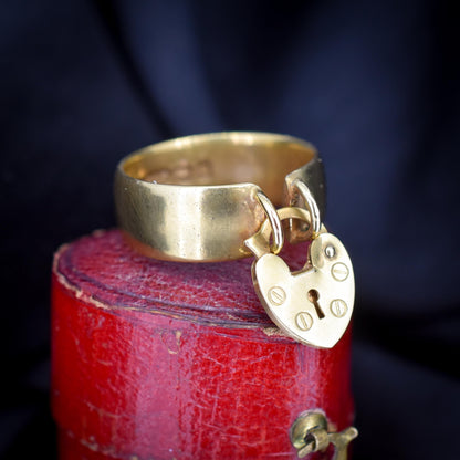 Antique Edwardian Heart Padlock Drop 9ct Yellow Gold Band Ring | B'ham 1915