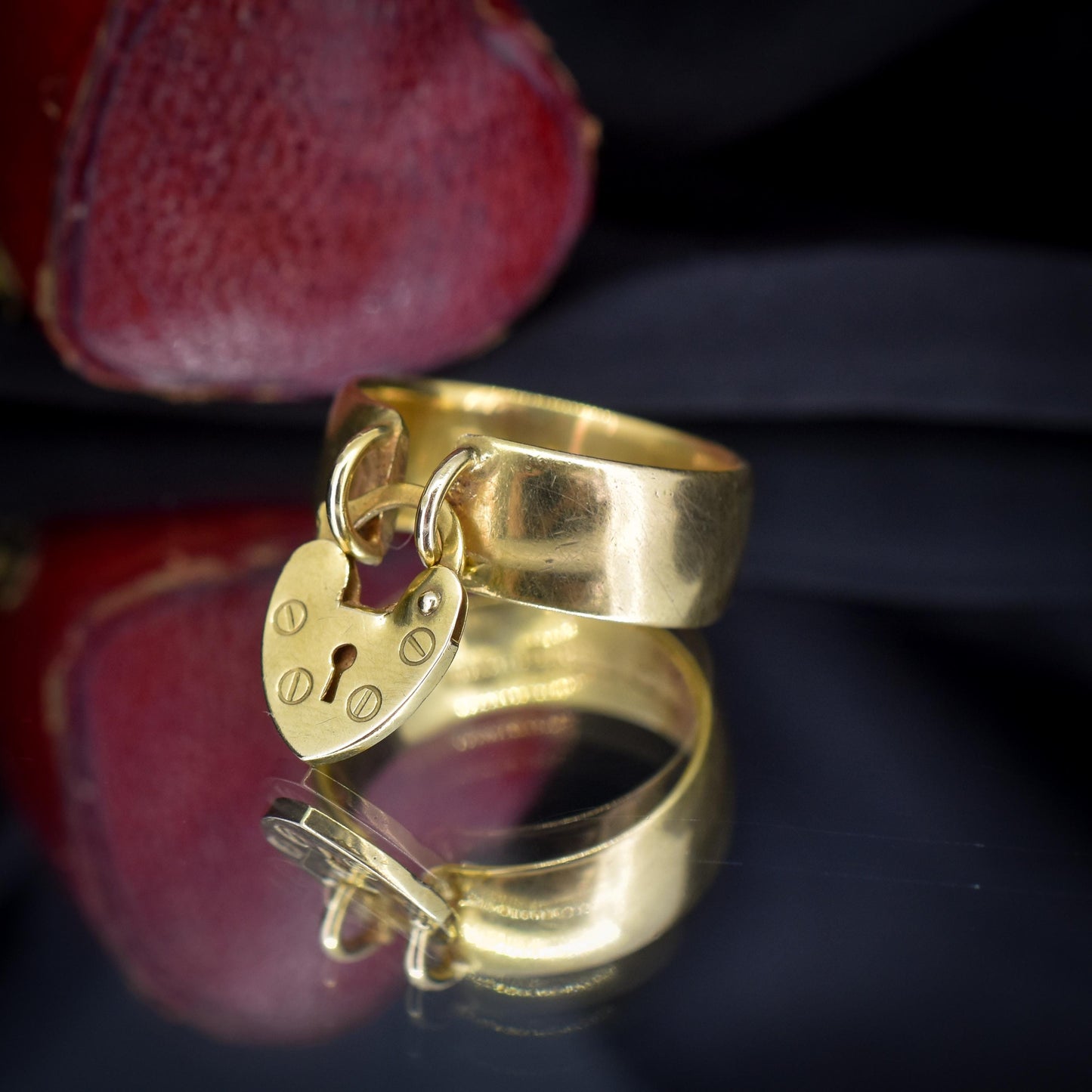 Antique Edwardian Heart Padlock Drop 9ct Yellow Gold Band Ring | B'ham 1915
