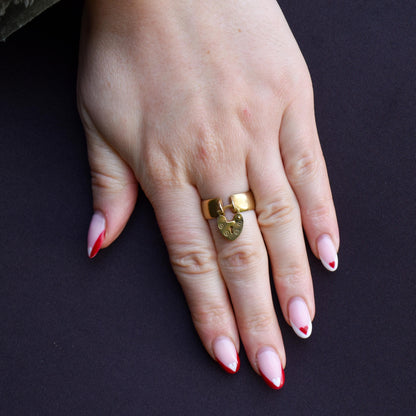 Antique Edwardian Heart Padlock Drop 9ct Yellow Gold Band Ring | B'ham 1915