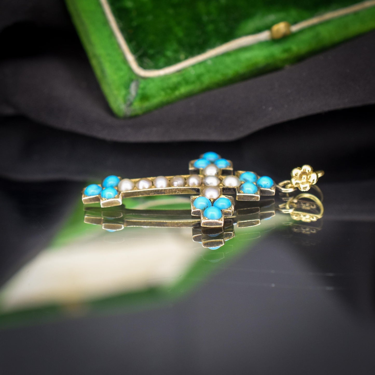 Antique Victorian Turquoise Pearl Gold Cross Pendant
