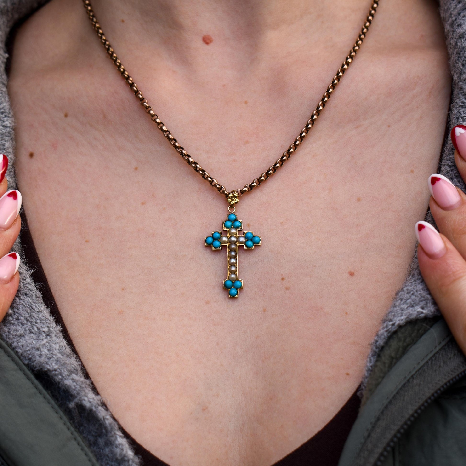 Antique Victorian Turquoise Pearl Gold Cross Pendant