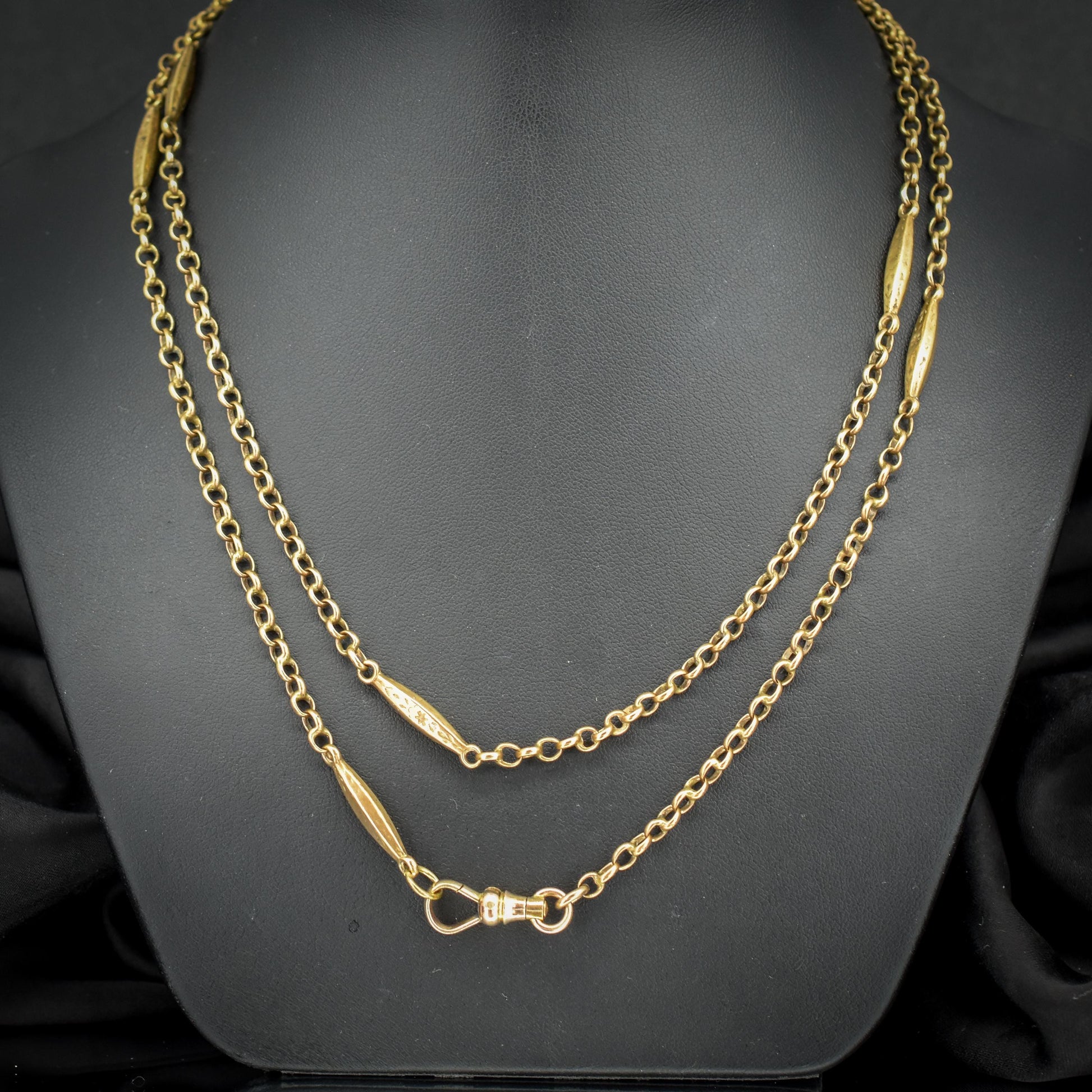 Antique Rolled Gold Fancy Link Chain Necklace with Dog Clip | 36" Length