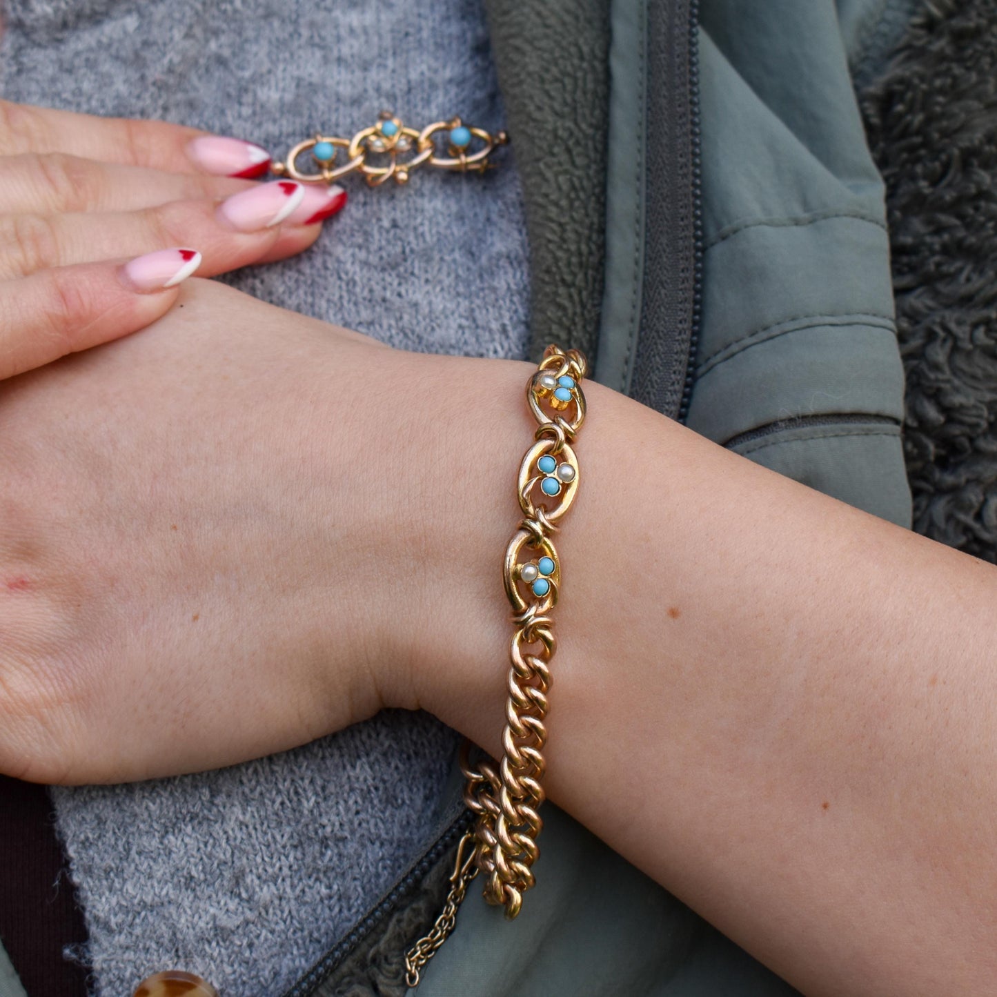 Antique Rolled Gold Turquoise and Pearl Bracelet and Brooch Jewellery Set