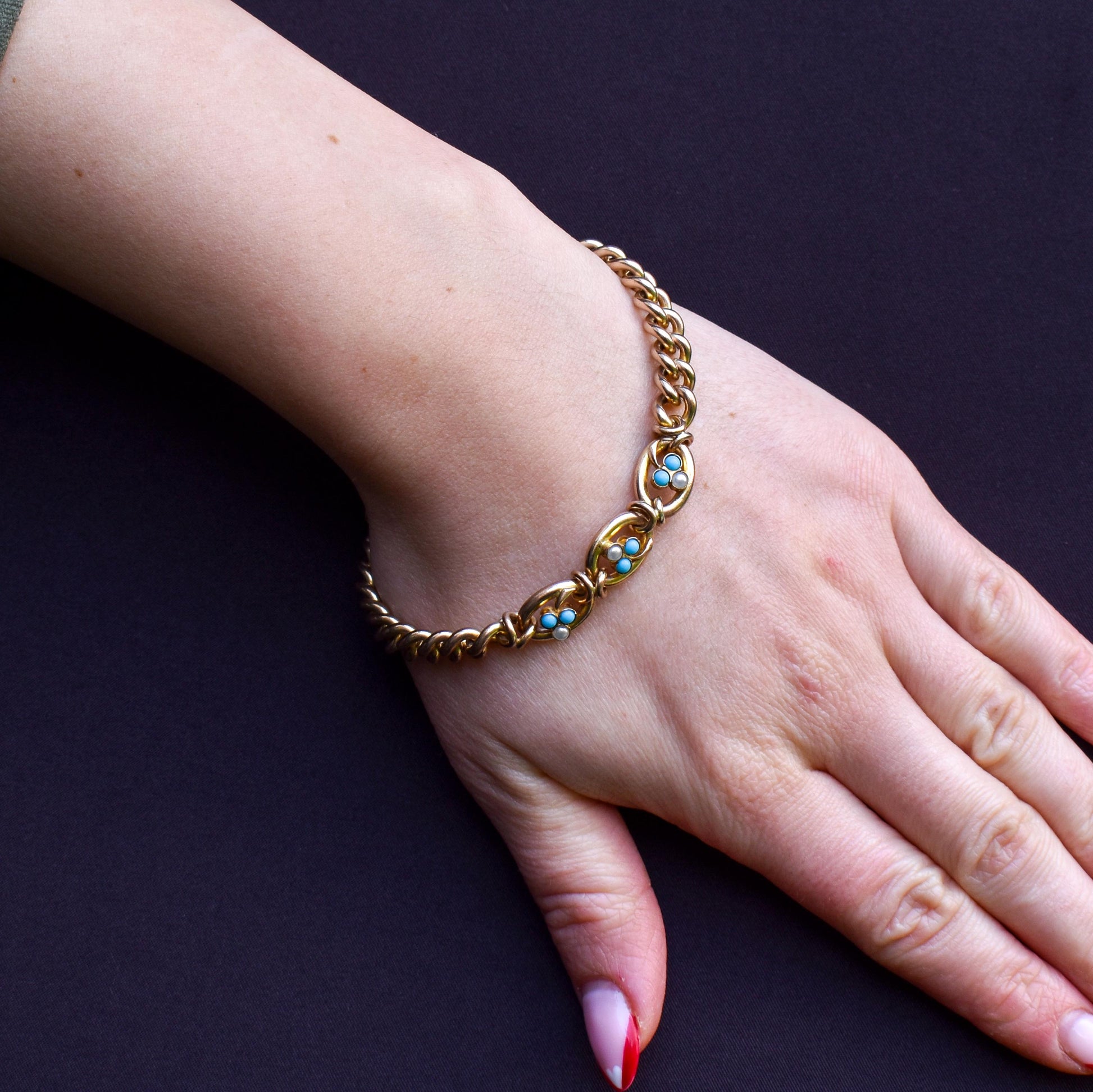 Antique Rolled Gold Turquoise and Pearl Bracelet and Brooch Jewellery Set