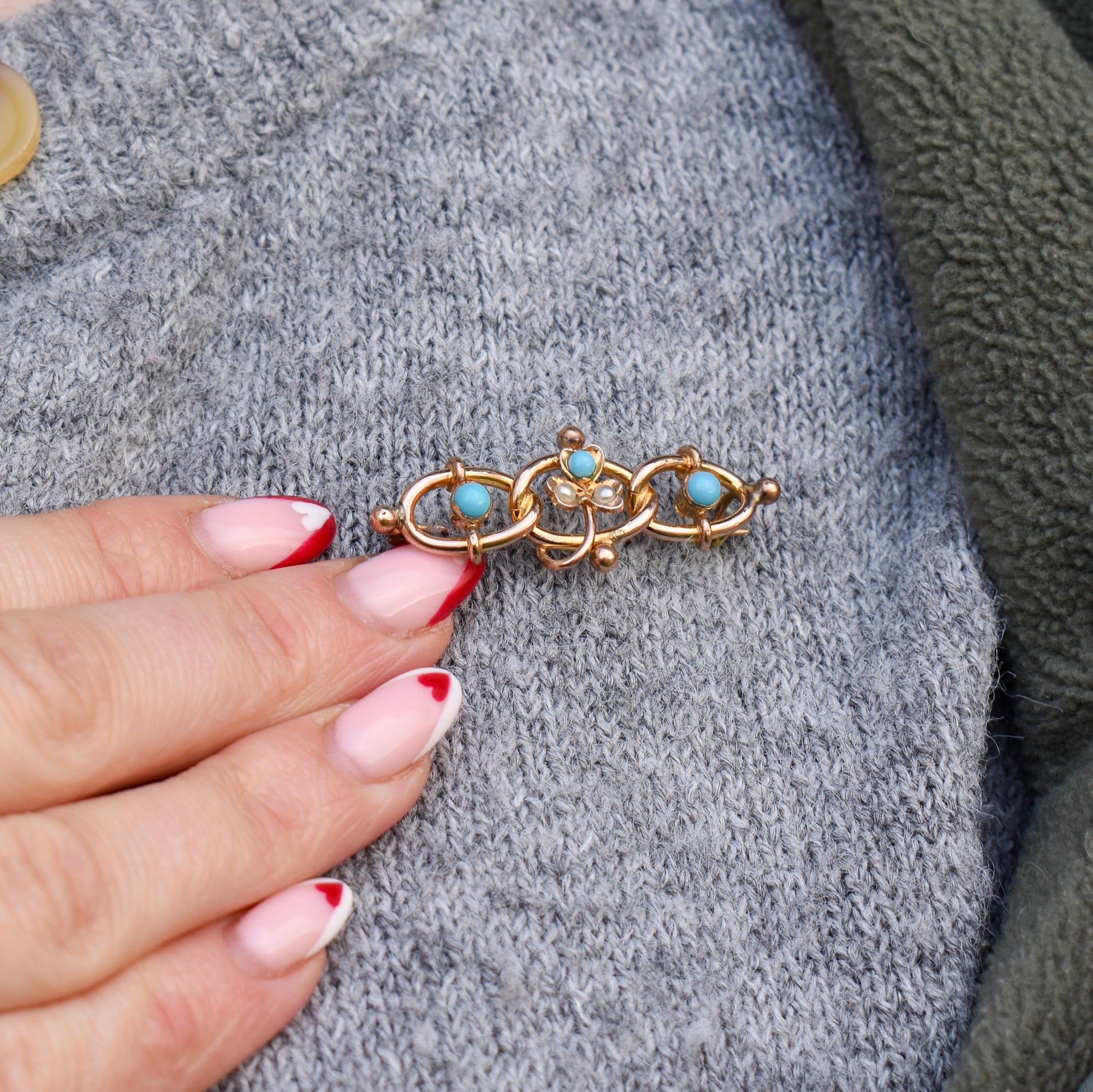 Antique Rolled Gold Turquoise and Pearl Bracelet and Brooch Jewellery Set