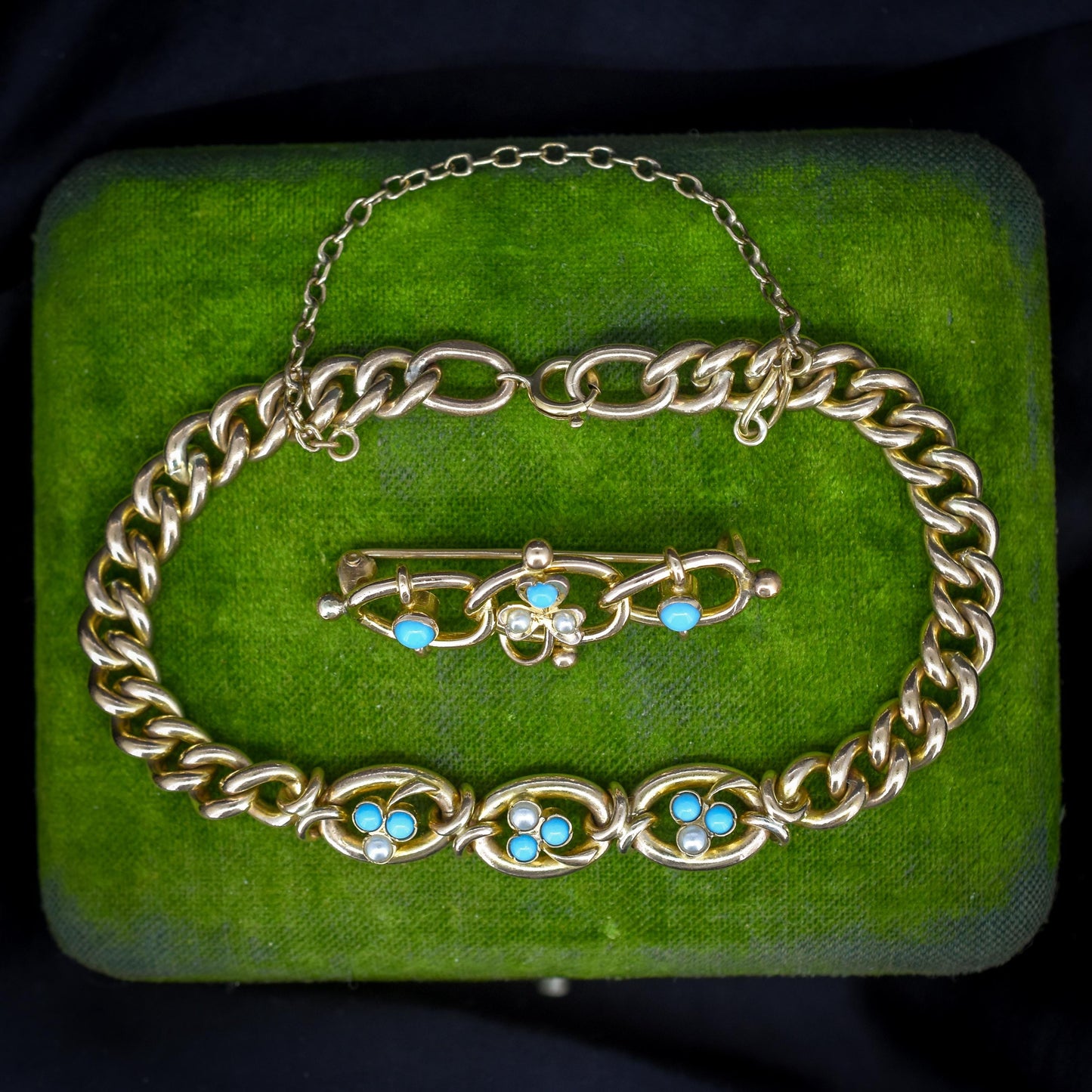 Antique Rolled Gold Turquoise and Pearl Bracelet and Brooch Jewellery Set